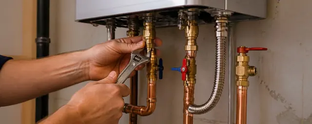 Hands tightening copper fittings and a gas line beneath a wall-mounted water heater