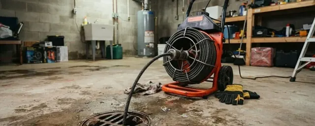 Orange drum drain machine with its cable running into a basement floor drain