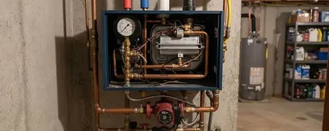 Open boiler cabinet showing the pressure gauge and wiring above a red circulator pump