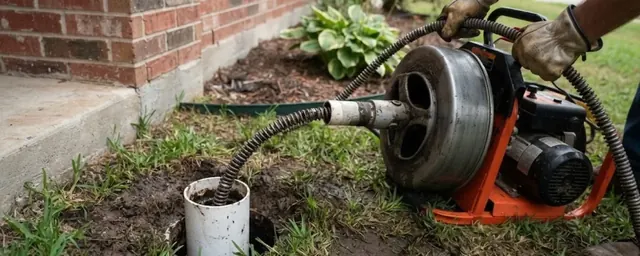 Gloved hands feeding a drum machine cable into an outdoor sewer cleanout beside a brick house