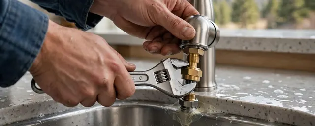Hands tightening a brass faucet stem nut with an adjustable wrench at a kitchen sink