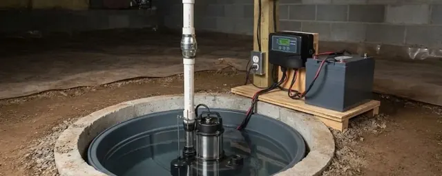 Submersible sump pump in a basement pit with a white discharge pipe and a battery backup