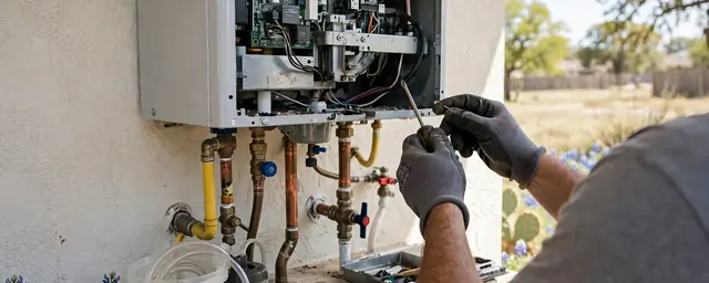 Gloved hands servicing the open panel of a wall-mounted tankless water heater