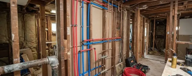 Wall framing opened up with new red and blue PEX water lines and an old galvanized pipe in the foreground